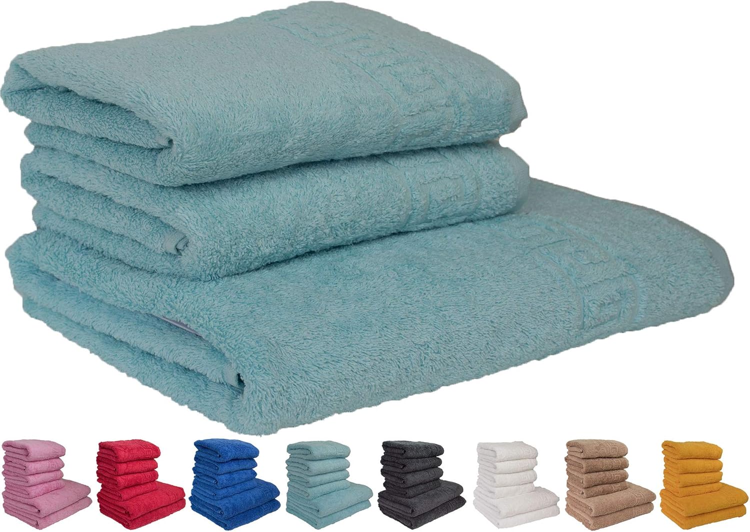 LIGHT TURQUOISE 1 LARGE BATH + 2 LARGE HAND TOWELS SET, 100 NATURAL