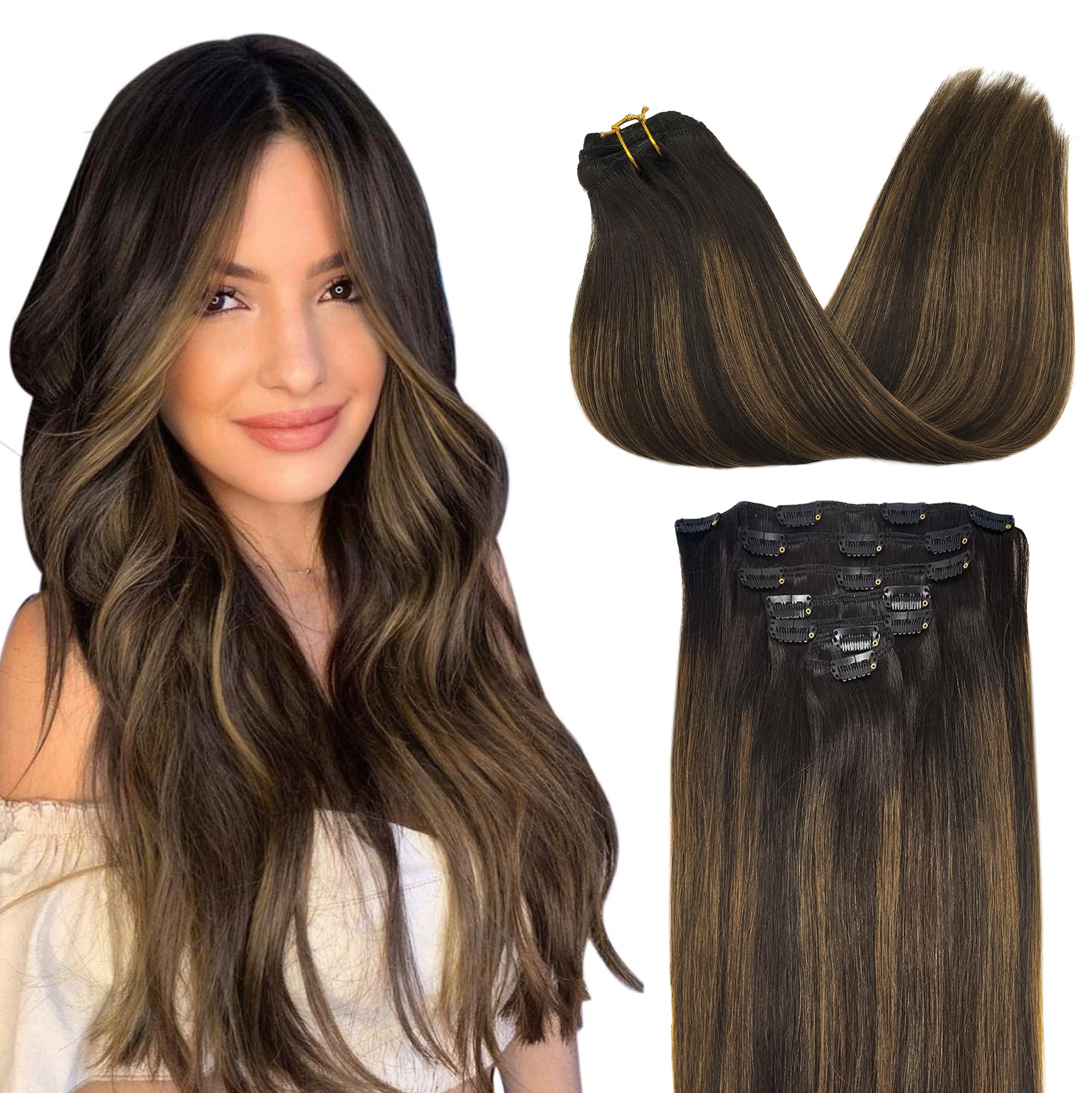 GOO GOO Clip in Human Hair Extensions, 18inch 120g 7pcs, Hair Extensions Clip in, 2/6/2 Dark Brown Balayage