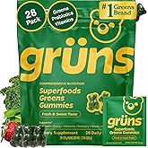 Gruns Adults Super Greens Multivitamin Gummies, Superfood Vitamin Gummy Bears with Spirulina, Chlorella, Prebiotic Fiber for Digestive Health, Adaptogens Supplement, 20 Vitamins & Minerals, 28 Count