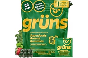 Gruns Adult Super Greens Multivitamin Gummies, Superfood Gummy Vitamins for Women and Men with Spirulina, Chlorella, Adaptogens & Prebiotic Fiber for Digestive Health (28 Count)
