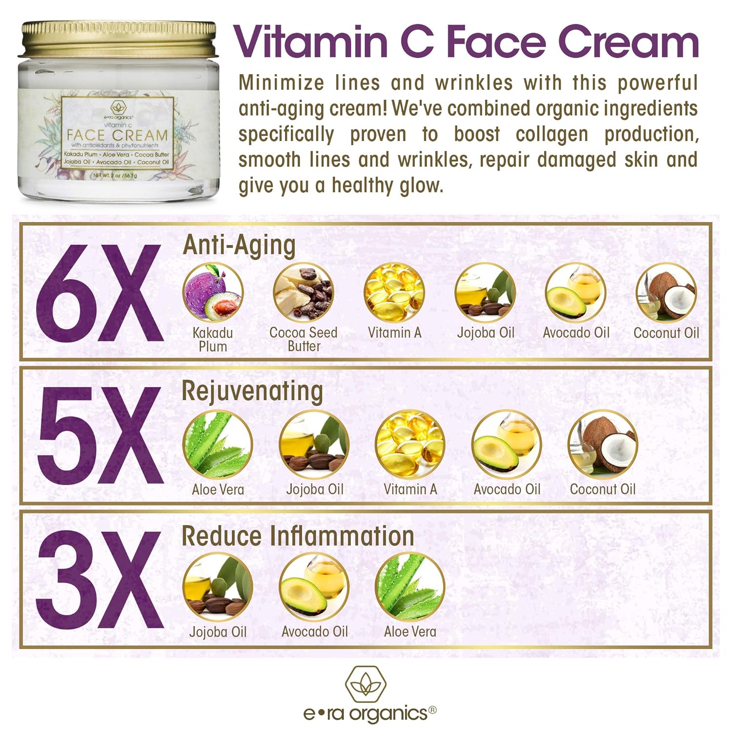Era Organics Vitamin C Face Moisturizer & Eye Cream - Super Revitalizing Hyaluronic Acid Anti Aging Moisturizer With Kakadu Plum, Jojoba Oil, Avocado Oil, Vitamin E For Wrinkles, Fine Lines & Eye Bags: Beauty