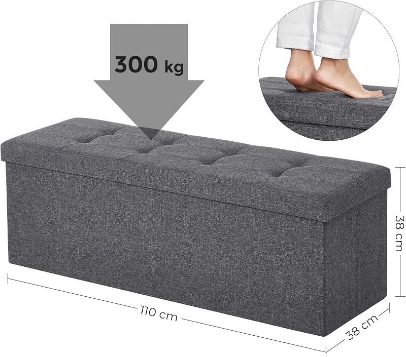 MAZIE Collezione - Cassapanca, Pouf Contenitore, Poggiapiedi Pieghevole da 38 x 110 x 38 cm, Ottomano, Portante 300 kg, per Soggiorno, Camera da Letto, Entrata, Grigio Scuro LSF77K