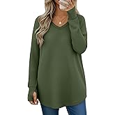 Oakgarden Women's Long Sleeve Waffle Knit Tops V Neck Curve Hem Long Shirts with Thumb Hole Oversized Casual Tunic Fall Shirt