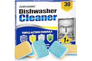 Airhome Dishwasher Cleaner Tablets, 30-Count Deodorizing Pods (15-Month Supply) - Heavy-Duty Descaler Removes Limescale, Minerals, Grease & Odors, Lemon Scent