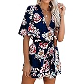 AIMCOO Women's Summer Deep V-Neck Floral Print Romper Ruffle Hem Half Flared Sleeve Jumpsuits Waist Tie Casual Short Rompers