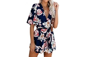 AIMCOO Women's Summer Deep V-Neck Floral Print Romper Ruffle Hem Half Flared Sleeve Jumpsuits Waist Tie Casual Short Rompers