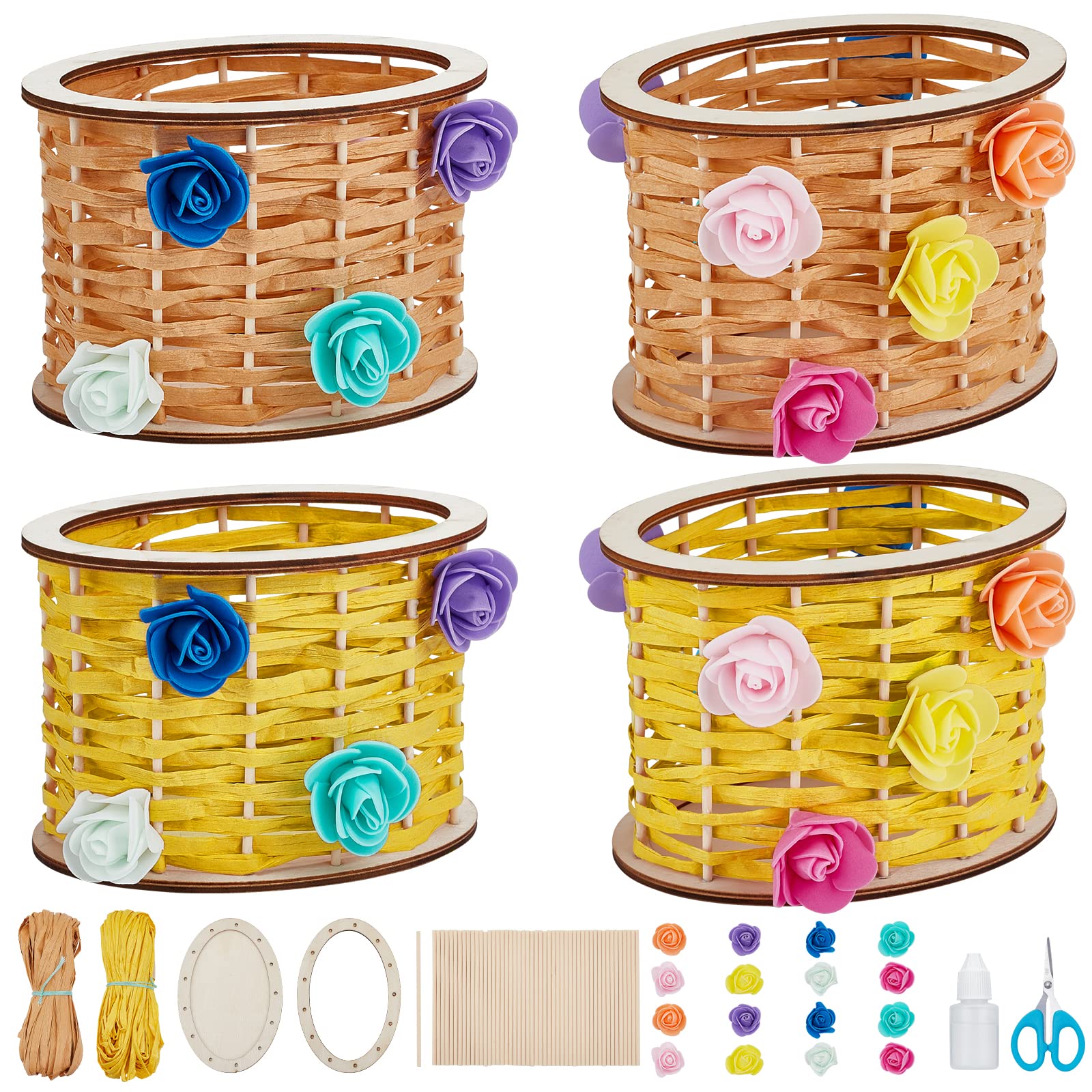 WEBEEDY 4 Pcs Basket Weaving Kits for Adults Wooden Rattan Basket Making Kit for Beginners Raffia Crafts Projects