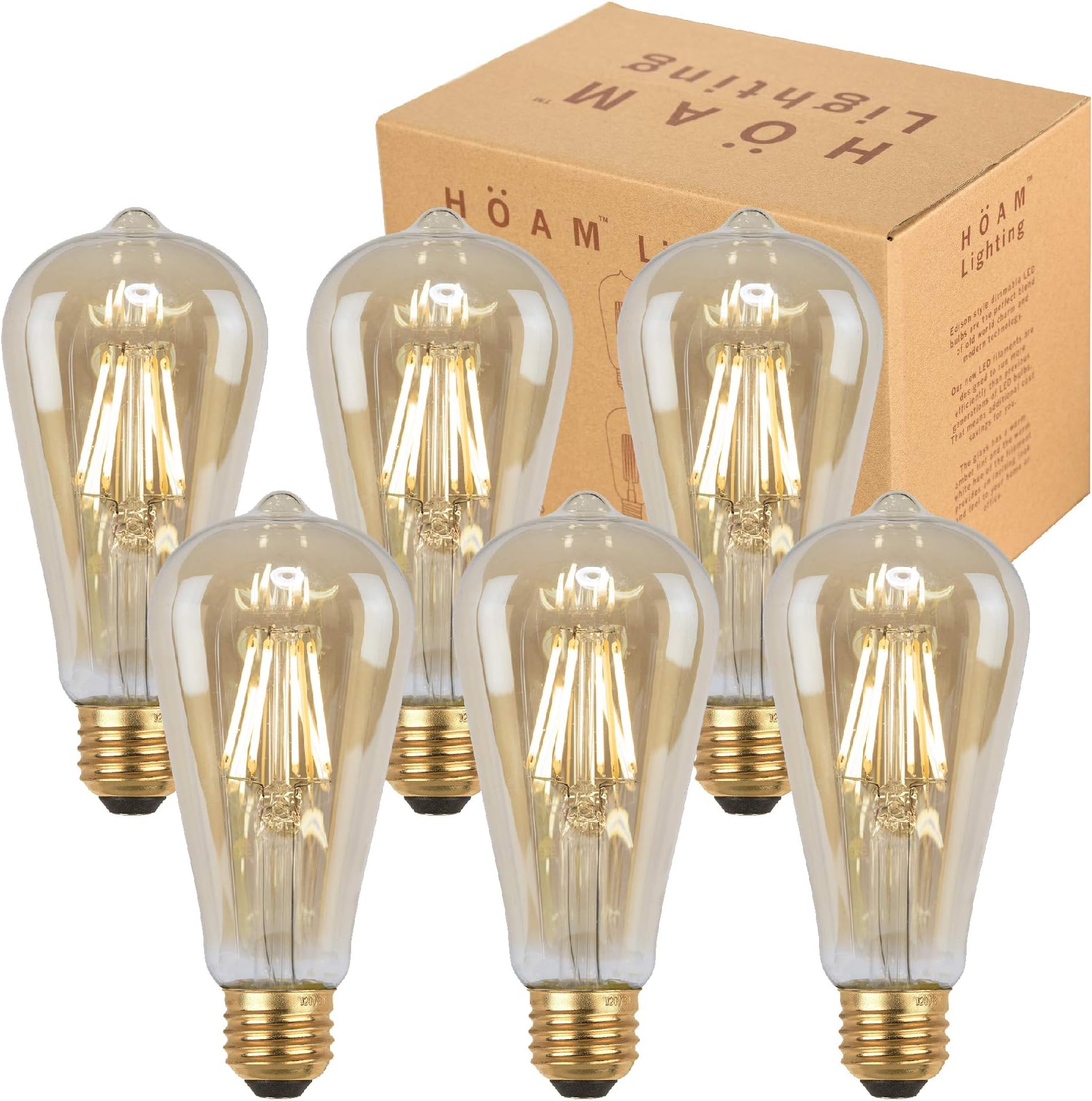 HOAM Lighting 6 Pack Edison Bulbs, Dimmable LED Filament, Antique Style, Amber Glass, 8W LED 75W Incandescent Equivalent 4000K Warm White Color Temperature, ST18 ST64 E26 E27 Screw Cap 120V