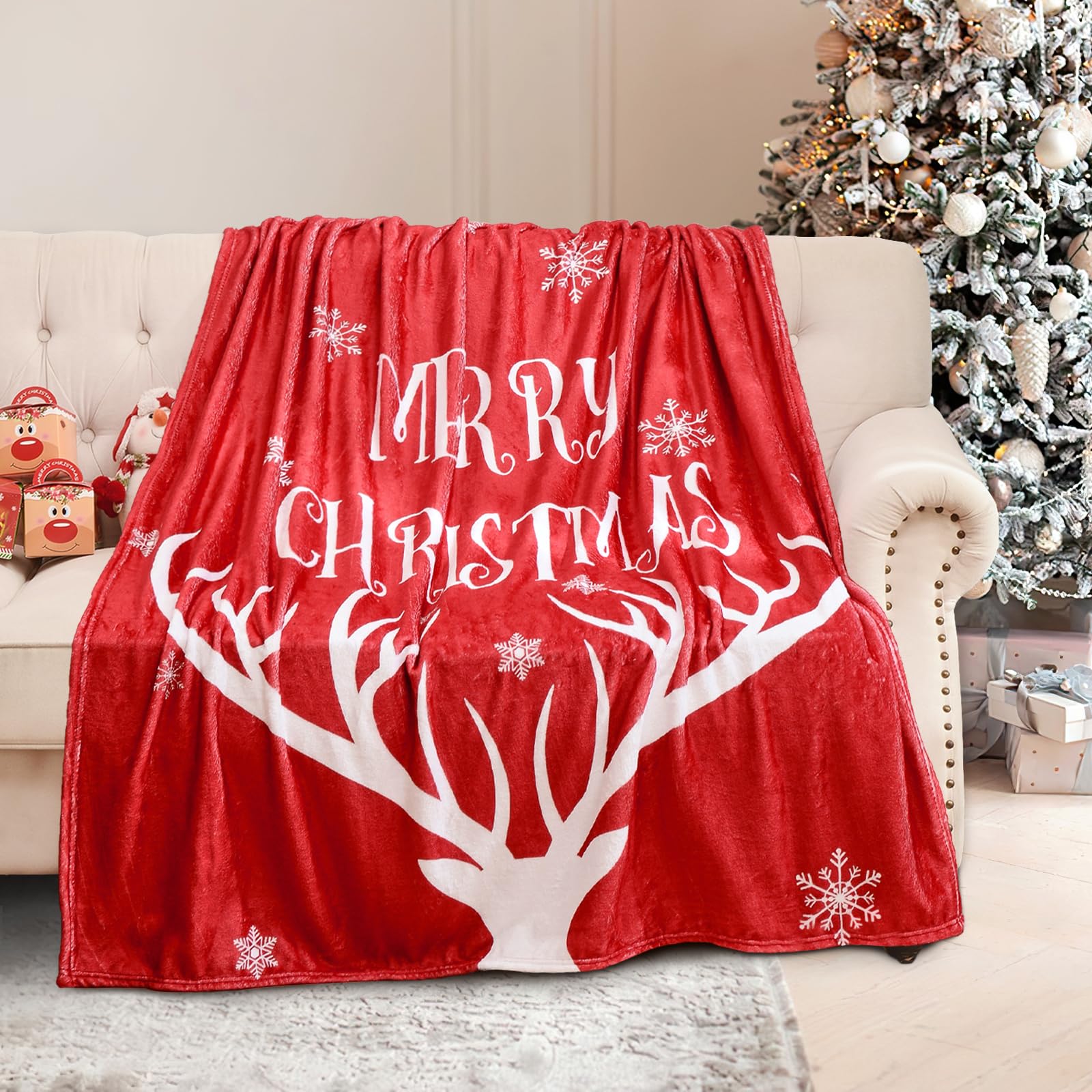 Exclusivo Mezcla Christmas Throw Blanket for Couch, Soft Fuzzy Cozy Blankets for Winter, Red Reindeer Patternt Decoration Blanket, 127x152 CM