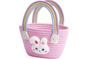 Exun Bunny Basket for Kids, Cute Cotton Tote Bag Hand-Woven Handbag with Rainbow Handles, Easter Egg Hunt Basket Bags for Boys, Girls, Toddler, Babies, Easter gift basket Personalized (Pink)