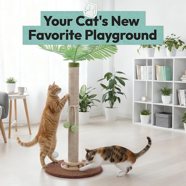 POMESEA CAT SCRATCHING POST 34 INCH WITH ROTATING TURNTABLE AND REMOVABLE HANGING BALL, CAT SCRATCHER FOR INDOOR CATS, ULTRA STABLE BASE, PAW-FRIENDLY JUTE MATERIAL, BROWN BASE