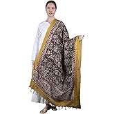 Exotic India Forest-River Kalamkari Dupatta from Telangana with Zari Border and Printed Paisleys - Cotton-Silk