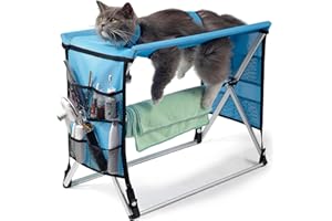MIFNRO Cat Grooming Table - Foldable Bathing Hammock with 4 Dedicated Nail Trimming Leg Holes, 2 Anti-Choke Safety Straps, Dr