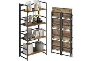 GHQME No-Assembly Folding Bookshelf Storage Shelves 4 Tiers Vintage Multifunctional Plant Flower Stand Storage Rack Shelves Bookcase for Home Office (Firestone and Black)