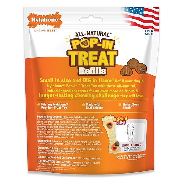 NYLABONE POP-IN TREAT-TOY REFILL CHEWS, ALL-NATURAL DOG TREATS FOR TREAT DISPENSING TOYS, CHICKEN FLAVOR, 30 COUNT