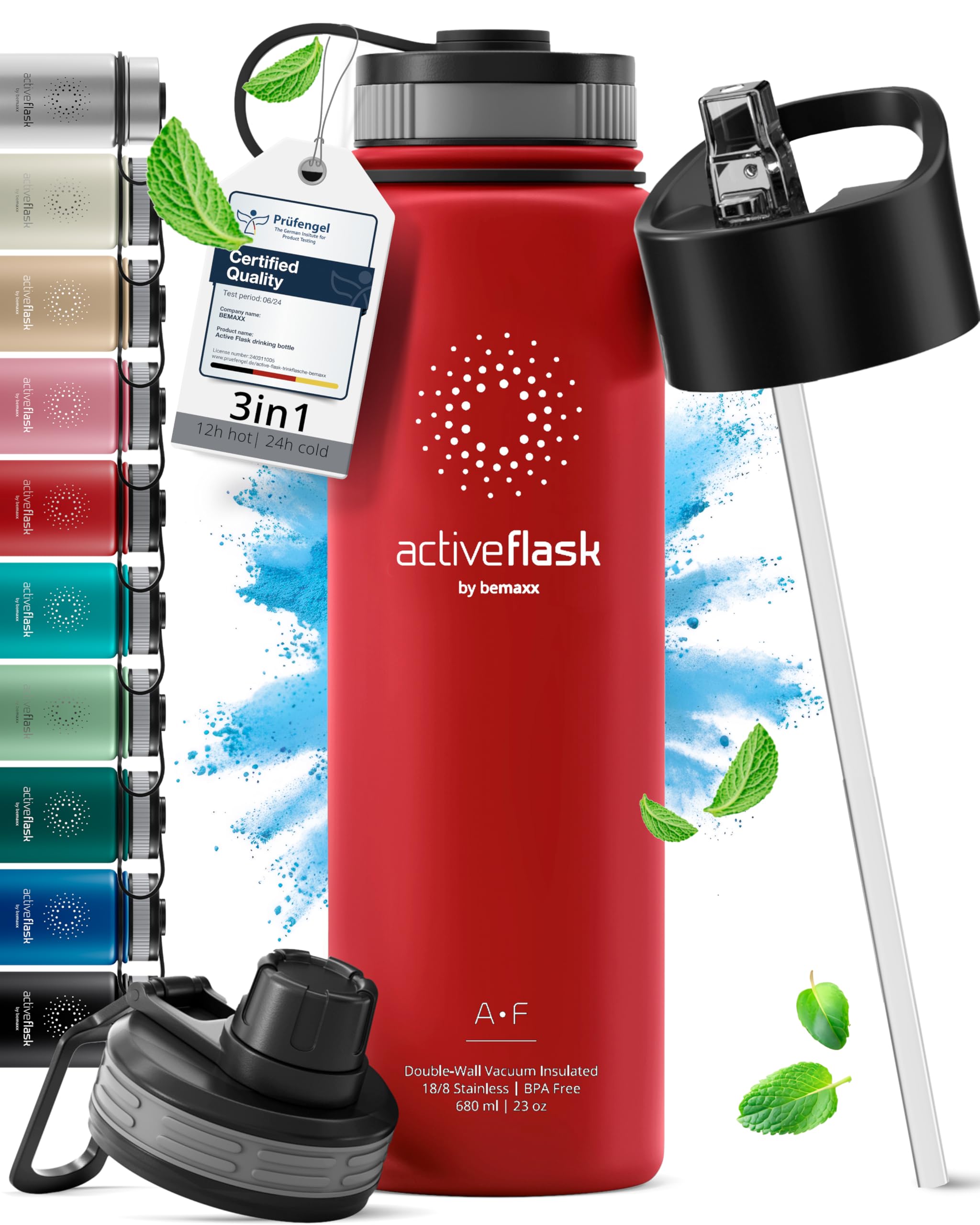 Stainless Steel Water Bottle with Straw & 3 Lids: 1 & 0,5L Leak-Proof BPA-Free Vacuum Insulated ACTIVE FLASK Drinking Bottles Hot Cold: Double Walled Outdoor Drink Thermo Mug Tea Coffee Sport Gym Bike