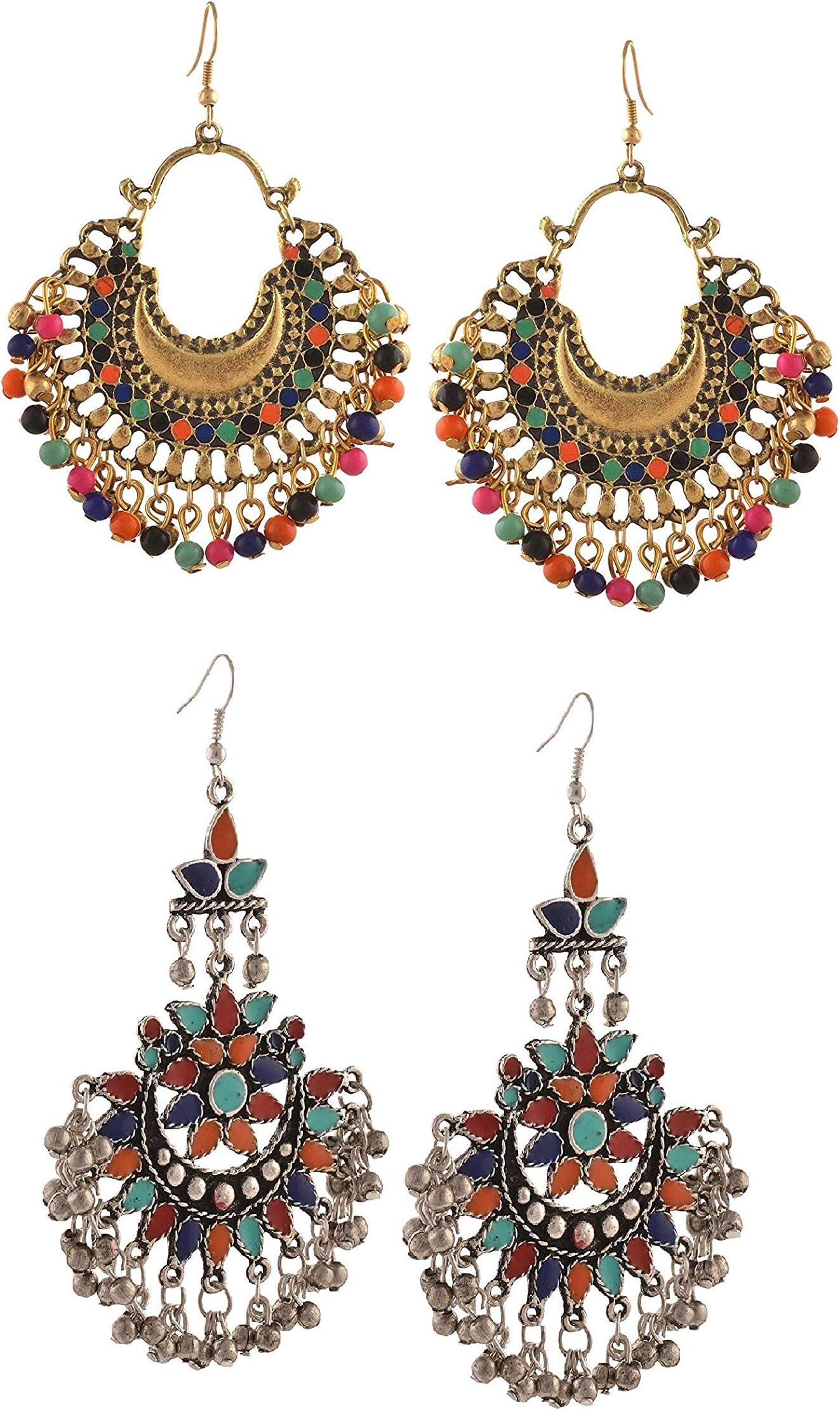 TiarazFashion German Silver Beaded Chandbali Hook Earrings Jewellery for Women (Combo of 2)