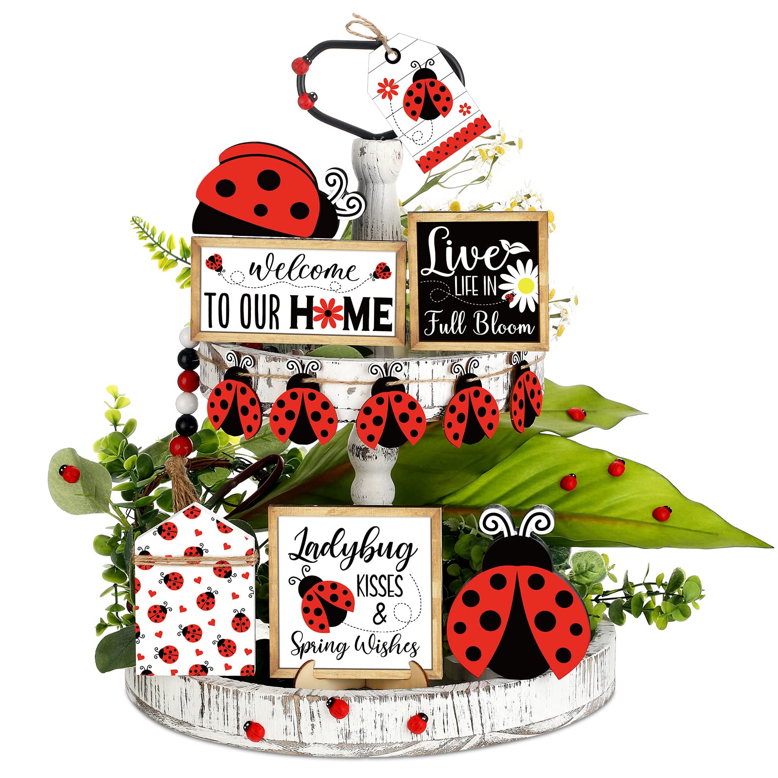 Photo 1 of 20 Pcs Ladybug Tiered Tray Decorations Spring Ladybug Wooden Blocks Sign Farmhouse Decorative Trays Red Ladybird Table Top Decor for Spring Decorations Home Kitchen Shelf Display Holiday Housewarming