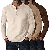 Ficerd 3 Pack Men's Big and Tall Henley T-Shirts Long Sleeve Plus Size Cotton Blend Tee Loose Fit Casual Fall Basic Tops