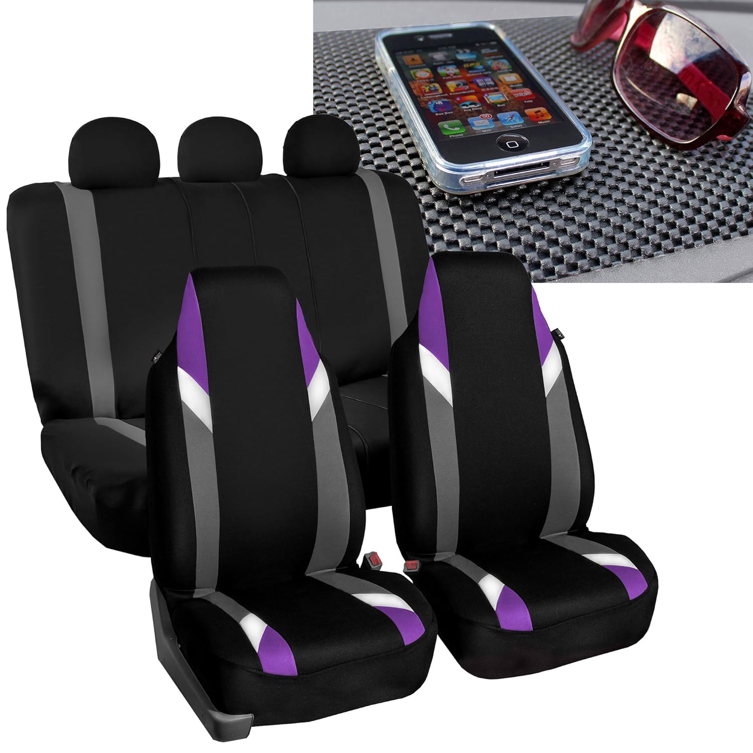 FH Group FB133115 Full Set Premium Modernistic Seat Covers Purple/Black with FH1002 Non-Slip Dash Pad- Fit Most Car, Truck, SUV, or Van