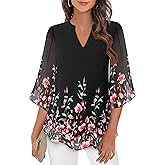 Bebonnie Womens Tops Dressy Casual Ruffle 3/4 Sleeve V Neck Double Layers Chiffon Blouses Tops