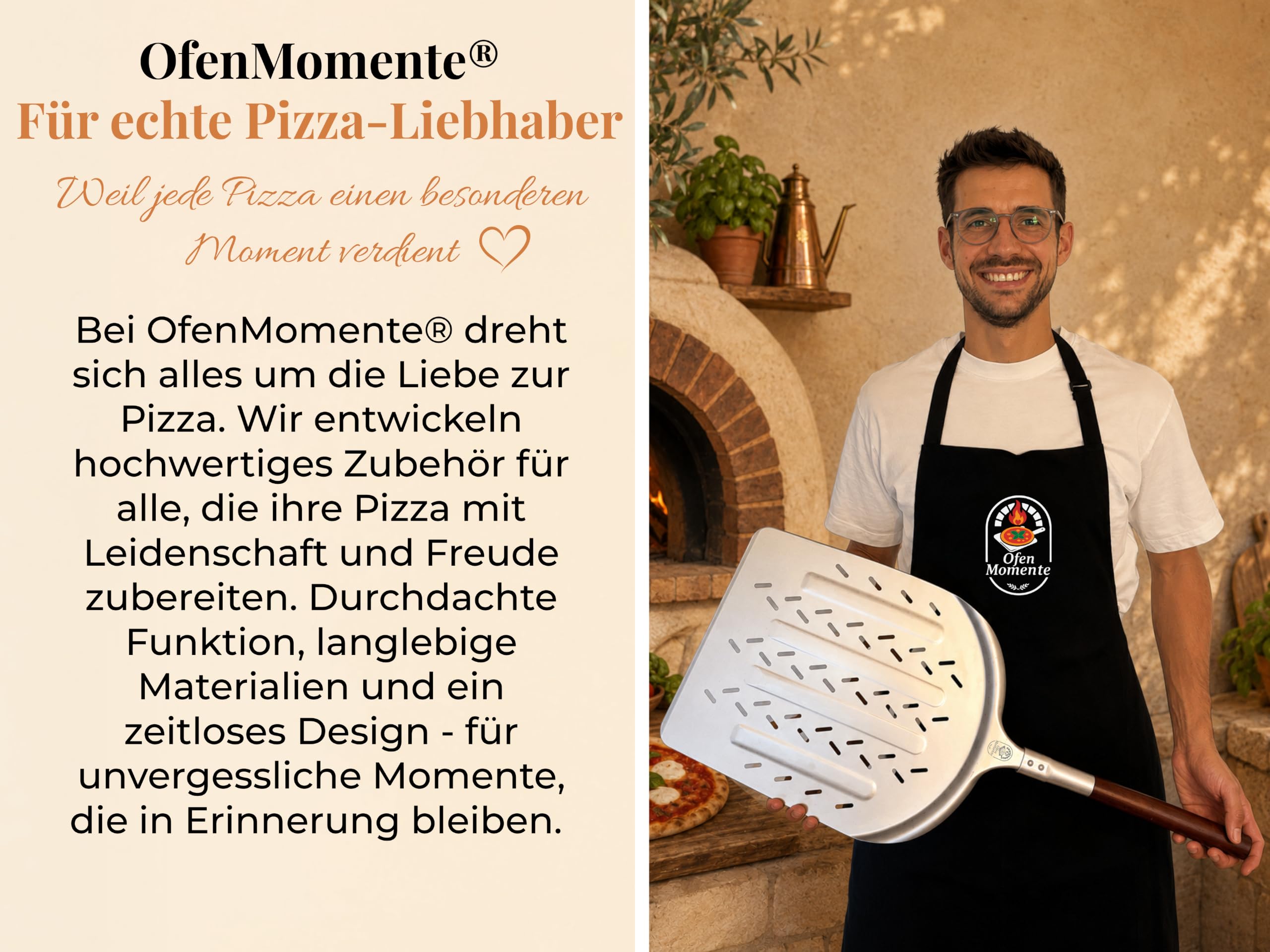 OfenMomente® Pizzaschieber 12 Zoll (30 x 30 cm) - perforierte Pizzaschaufel aus eloxiertem Aluminum mit Akazienholzgriff - Leichter Pizzaheber für Pizzaofen, Gasgrill, Steinofen, Backofen & Grill 9
