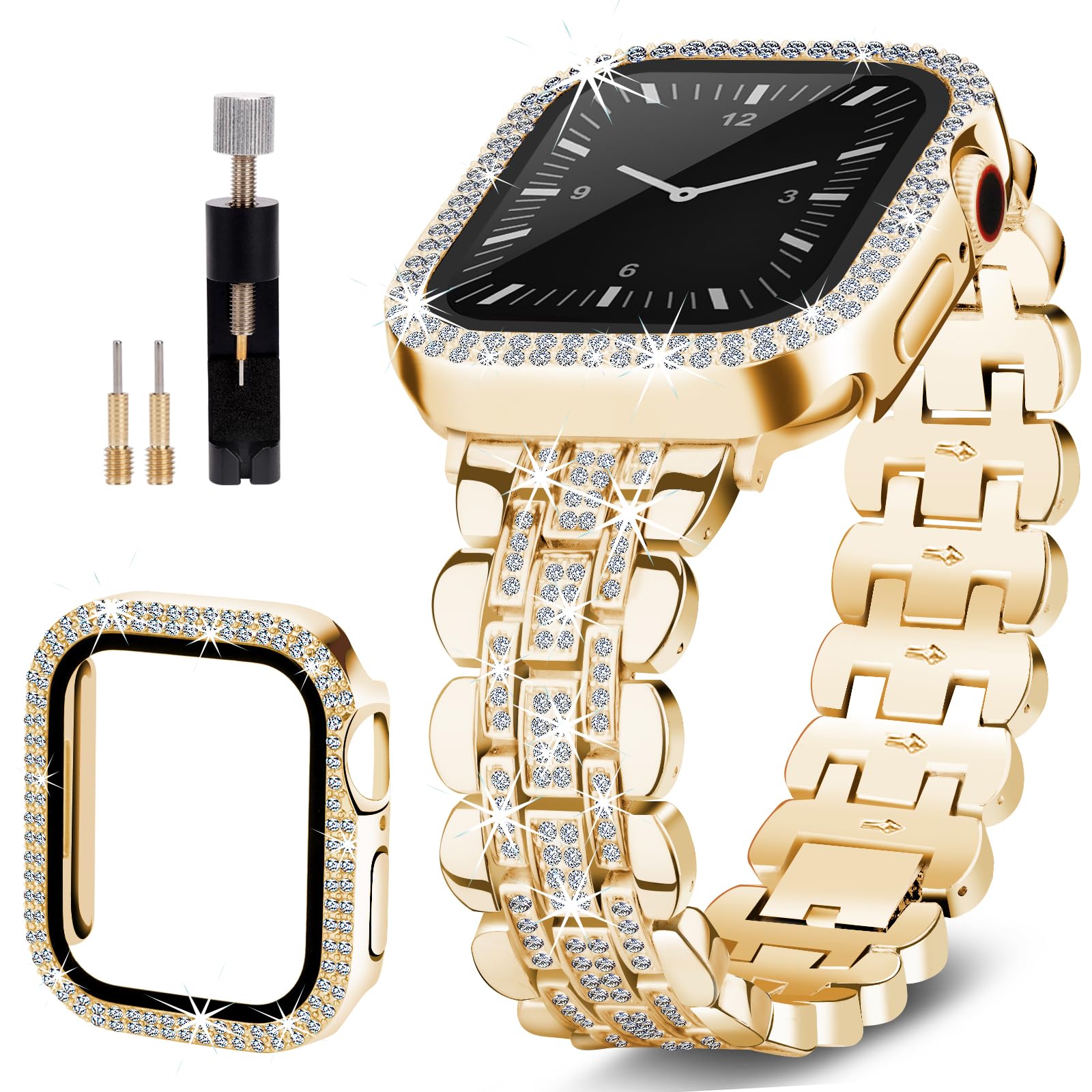 Photo 1 of beu1st Bling Band Compatible with Apple Watch Bands 40mm for Women, Diamond Jewelry Replacement Metal Wristband Strap Shiny Bracelet with Crystal Protector Casefor iWatch Series SE/6/5/4 Gold