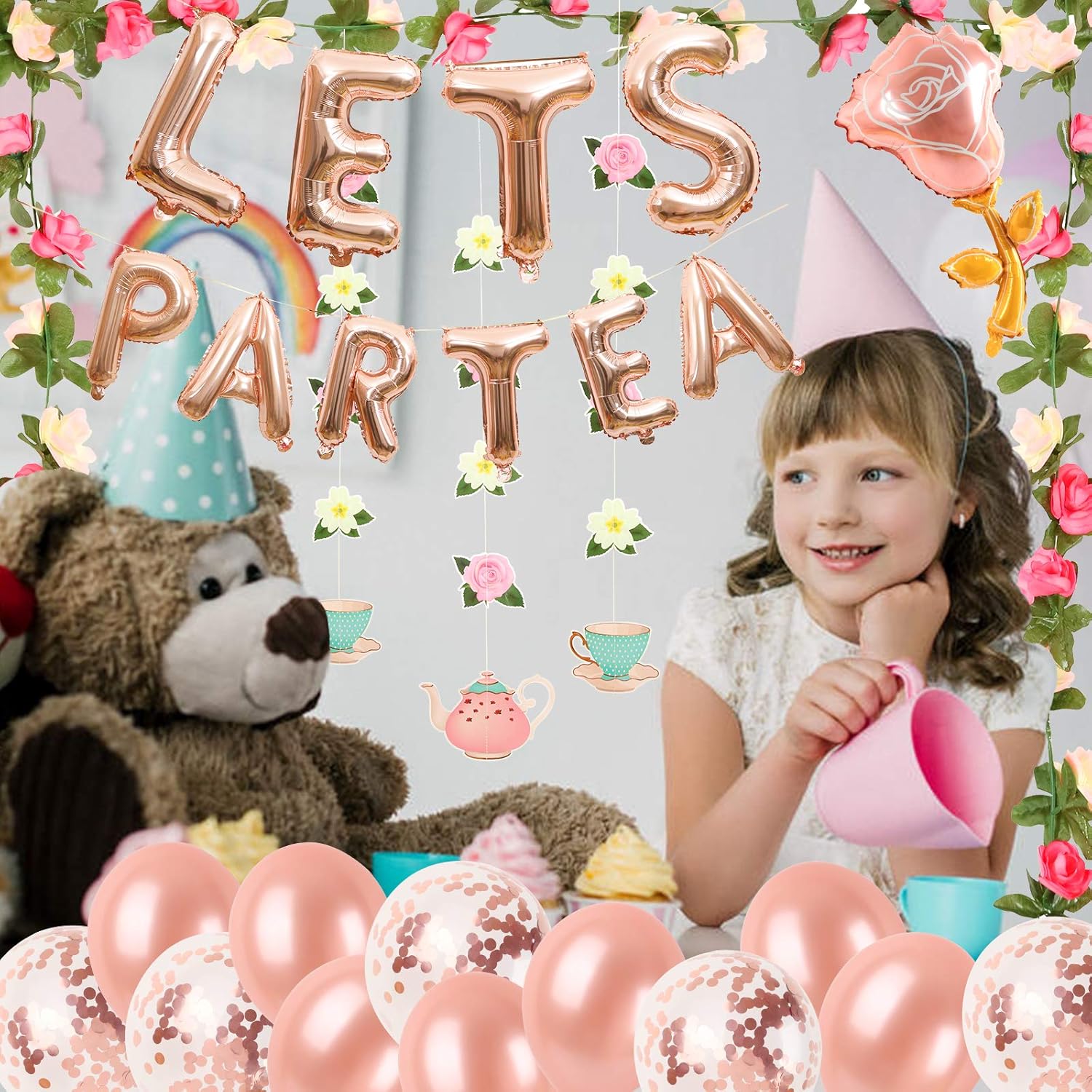 Tea Party Decorations Let's Par Tea Balloons/Teapots Teacups Tea Party Banner/Aluminum Foil Balloons/Floral Tea Party Hanging Decors for Bridal Shower Engagement Bachelorette Birthday Party Supplies: Toys & Games