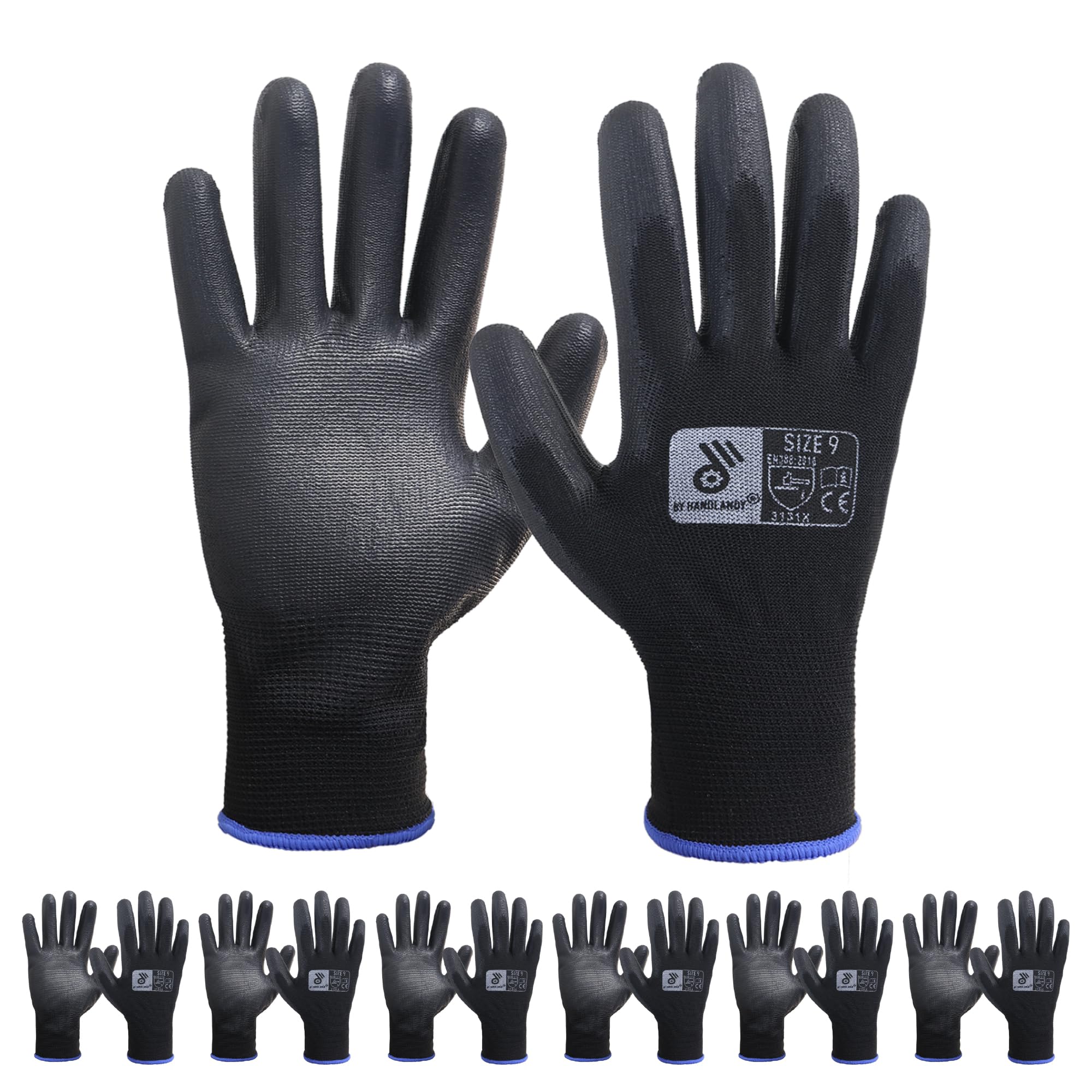 HANDLANDY 6 Pairs PU Coated Nylon Black Protective Work Gloves, Non-slip Flexible Gloves for Construction, Warehouse, Gardening, Large — image 1