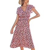 CUPSHE Women Floral Midi Summer Dress V Neck Ruffle Short Sleeve Elastic Smocked Waist Spring Casual Beach Dresses