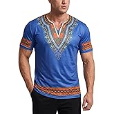 Sayhihi Mens African Dashiki Shirt Tribal Floral Print Traditional T Shirt for Men V Neck Slim Fit Shirts Tops