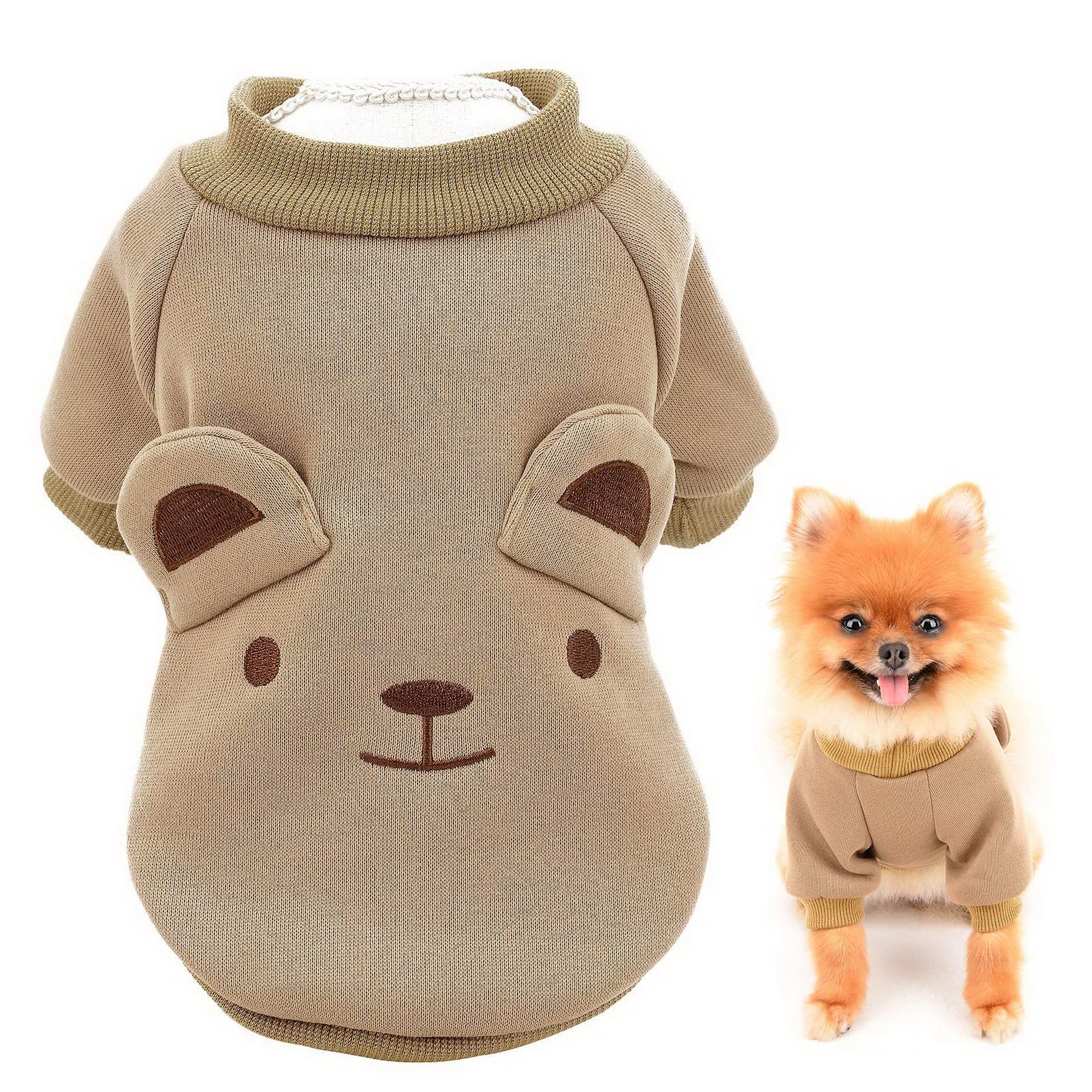 SMALLLEE_LUCKY_STORE Puppy Fleece Sweatshirt Pullover Jumper Sweater Cute Bear with Ears for Small Medium Dogs Cat Boy Girl Yorkie Chihuahua Kitten Warm Autumn Winter Clothes,Brown,S