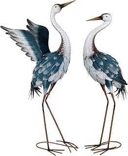 TERESA'S COLLECTIONS Metall Reiher Wetterfest Gartenfiguren 2er Set 73.6/68.5cm große Blaue Fischreiher Gartendeko Teichfigur Reiherschreck Vogelabwehr Teichschutz Dekofiguren für Fischteich