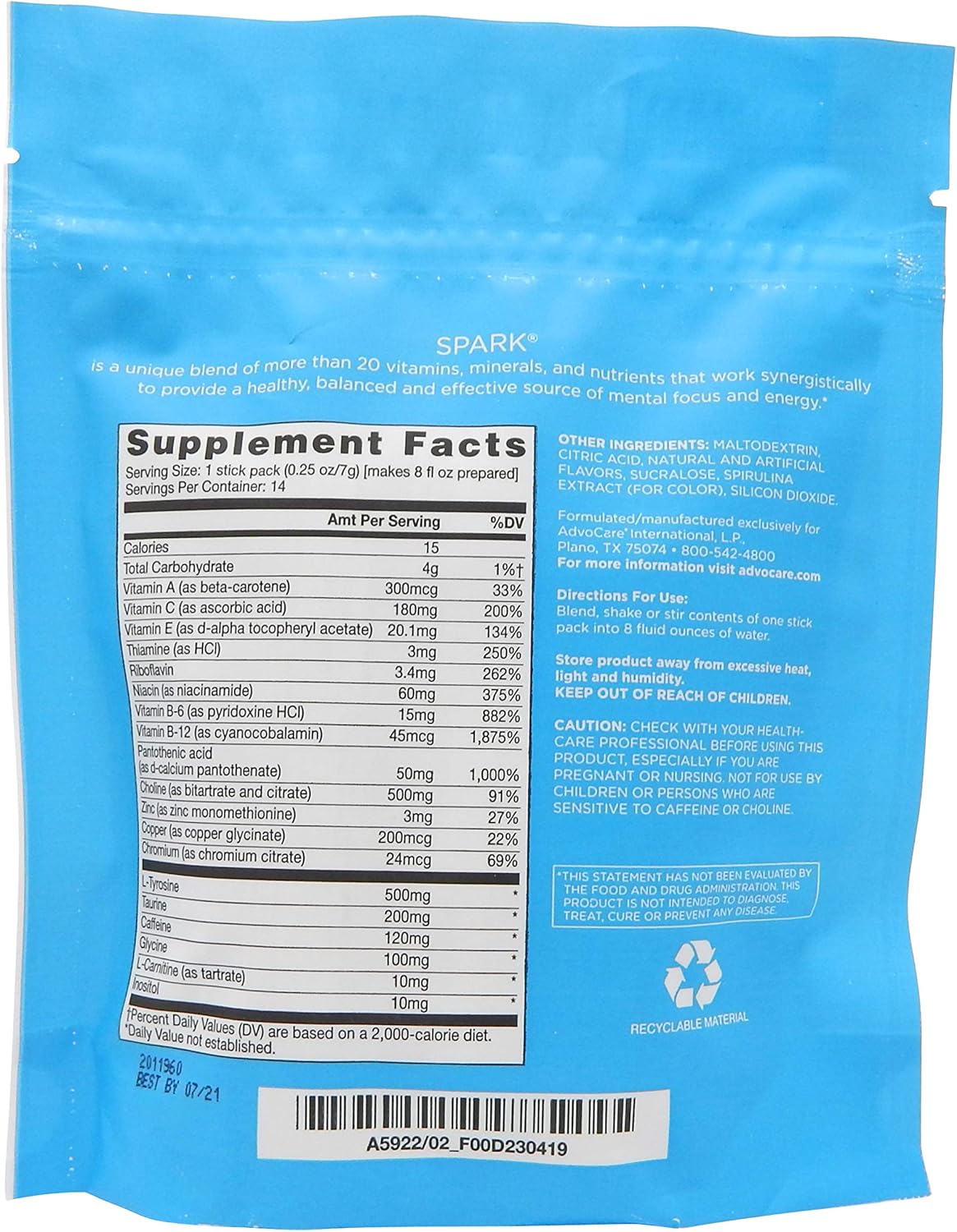 Advocare Blue Raspberry Spark 14 sticks packs(3.5 ounces): Health & Personal Care