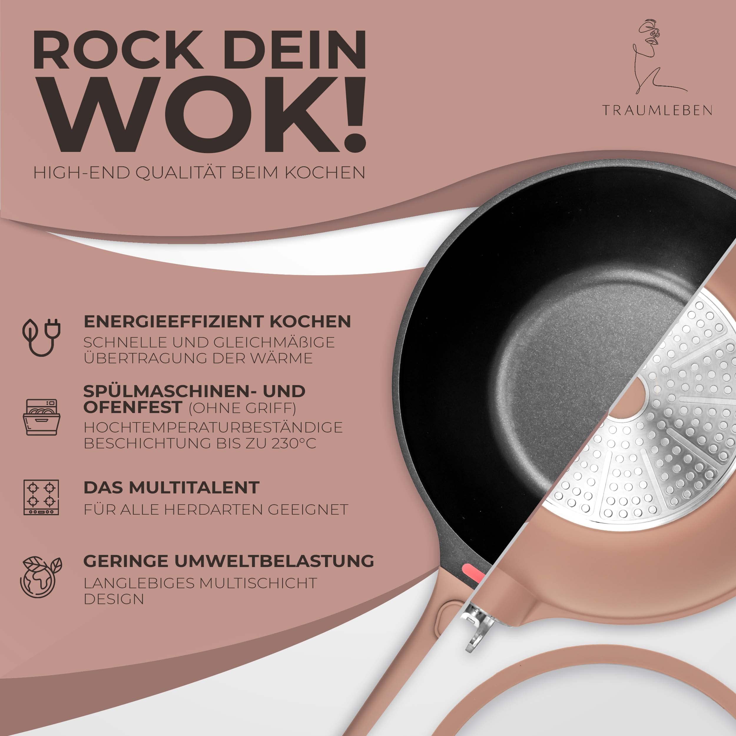 TRAUMLEBEN Wokpfanne mit Deckel 28 cm [abnehmbaren Griffe & Antihaftbeschichtung] PFOA-frei, für Induktion geeignet | backofenfest | hoher Rand | Beschichtete Wok Pfanne | Woks & Wokpfannen 5