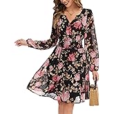 Kormei Womens Fall Floral Mini Dress Casual Long Sleeve Boho A Line V Neck Flowy Party Babydoll Short Dresses with Pocket