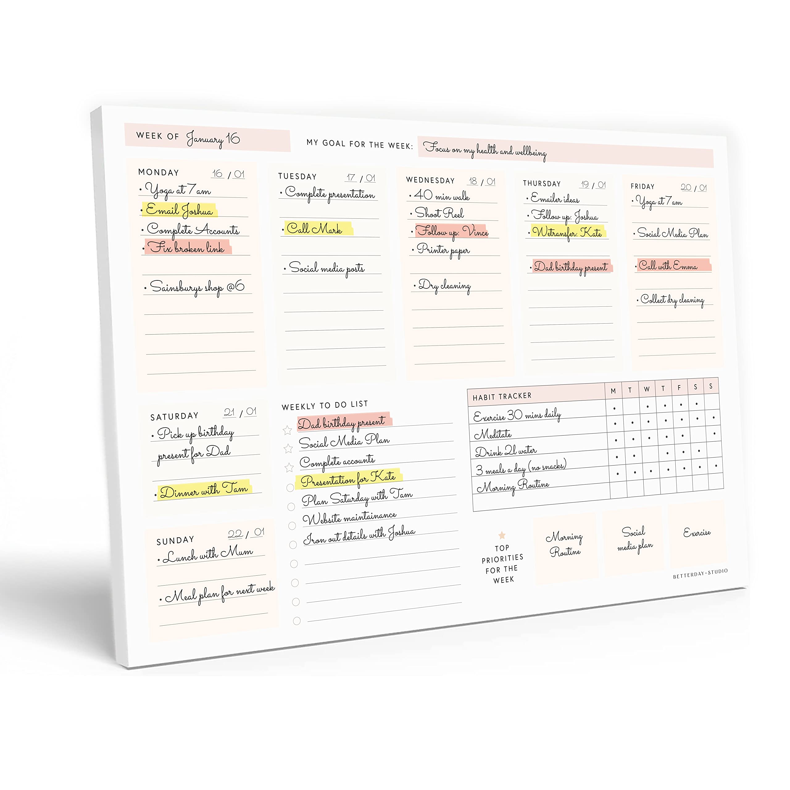 A4 Planner Pad: Undated Weekly Planner for Scheduling, Tear Away To Do List Notepad, Weekly Productivity Planner with Habit Tracker, Desk Accessories for Office Desk, A4 Paper - Blush Pink