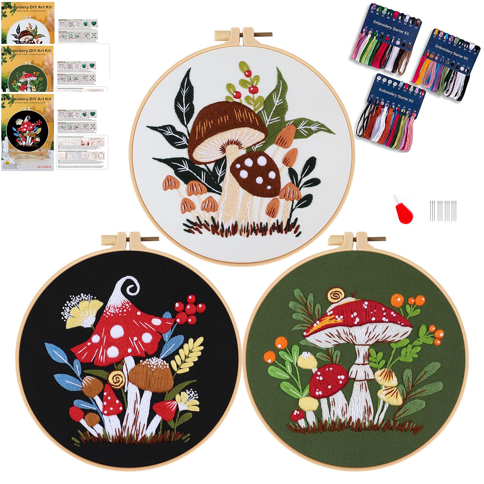 Smart-Feather 3 Sets Mushroom Embroidery kit for Beginners, Hand Embroidery Kits for Adults with Hoop, DIY Art Project Craft Kit (Mushroom)