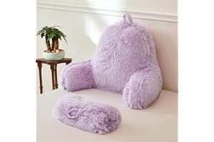 XeGe Fluffy Back Support Pillow Cover for Bed (No Filler), Light Purple Faux Fur Backrest Pillowcase, Lilac Furry Reading Pillow with Arms for Adults Kids, Fuzzy Sit Up Study Pillow, Lavender