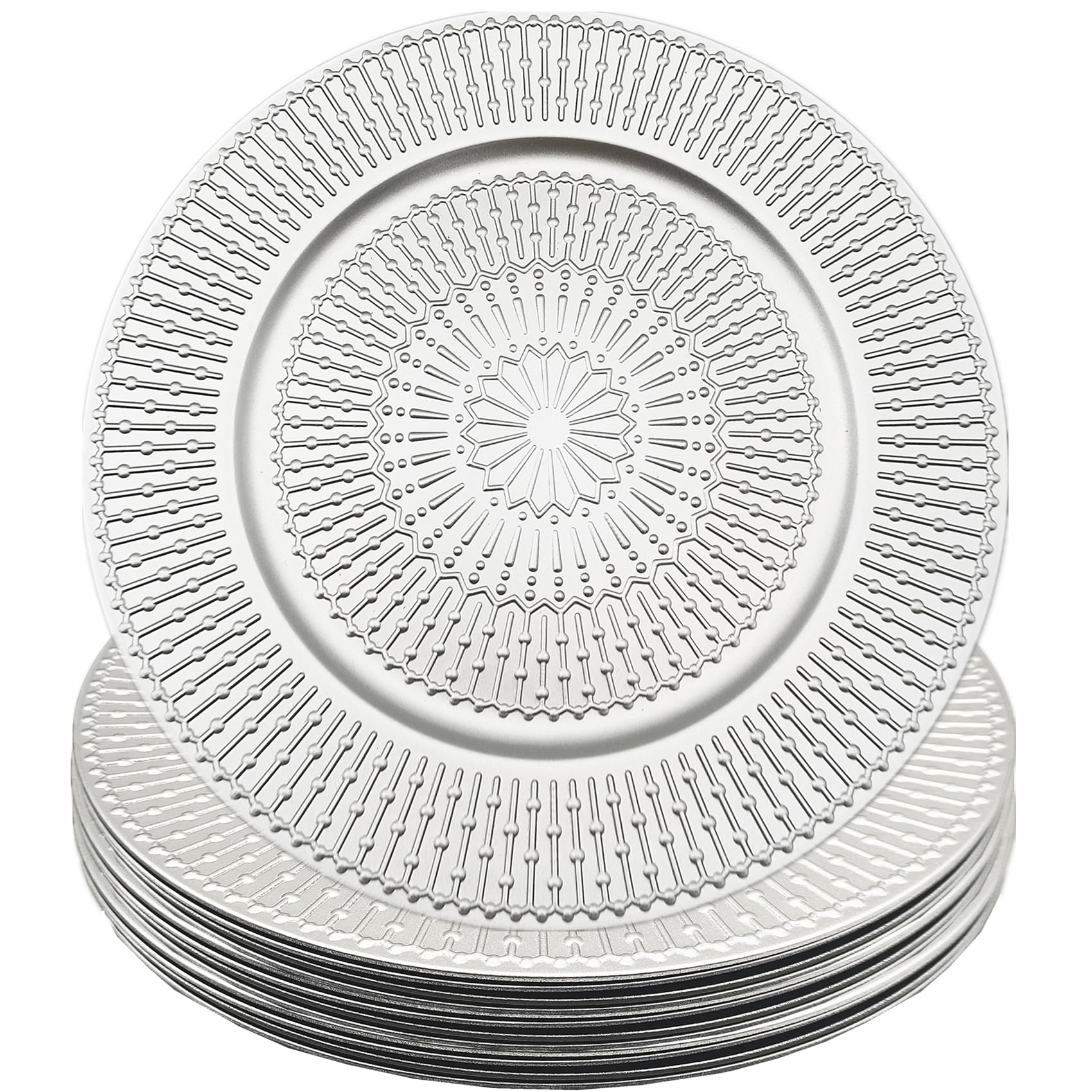 Photo 1 of HningBuyox 12 Pack Chargers for Dinner Plates, Silver 13 Inch Heavy Weight Charger Plate, Wedding Table Charger for Christmas,Thanksgiving, Catering Event, Antique Tabletop Decor