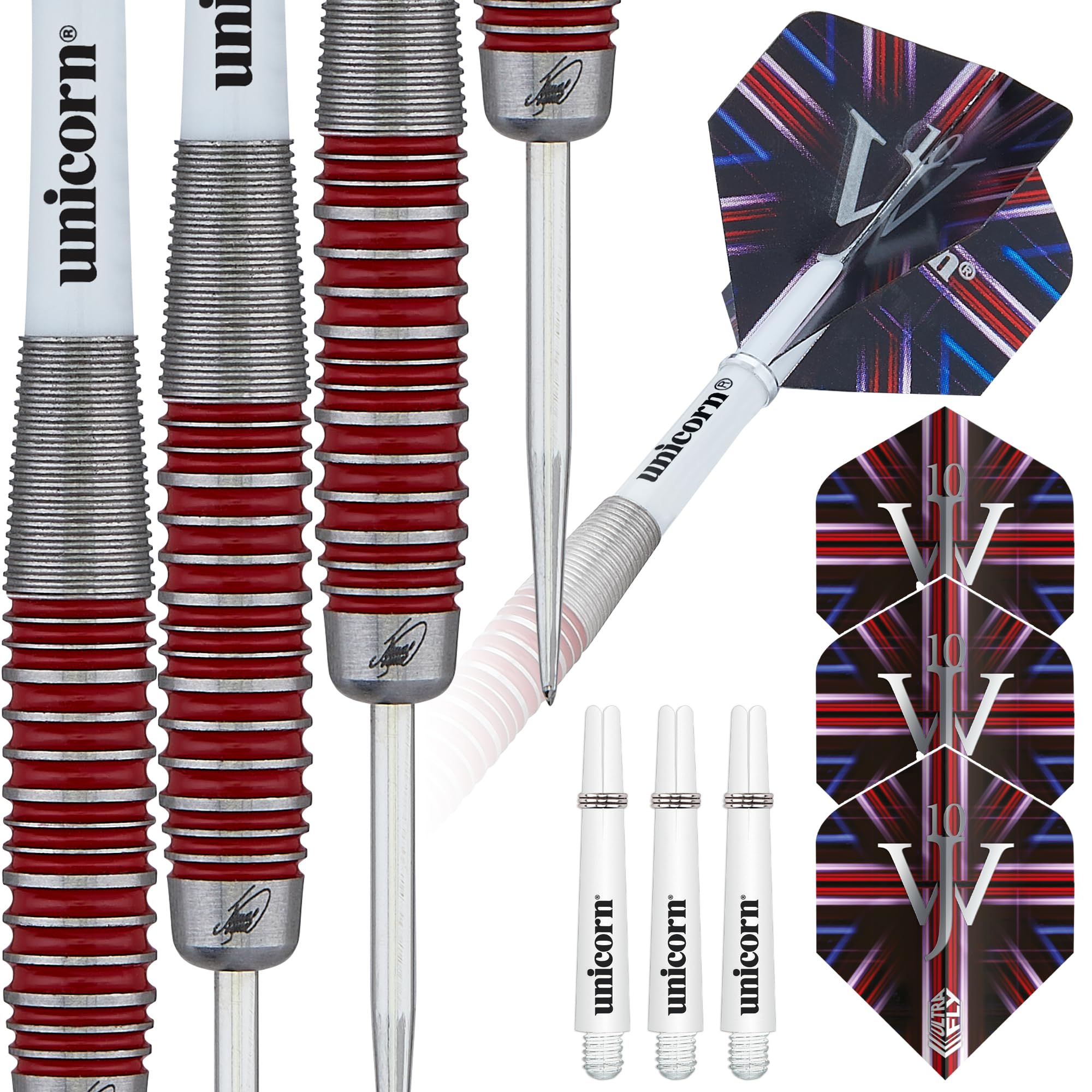 Unicorn Professional Darts Set | James 'The Machine' Wade | 90% Tungsten Barrels with Red Ring Accents | Steel Tip Volute Points | 26 g