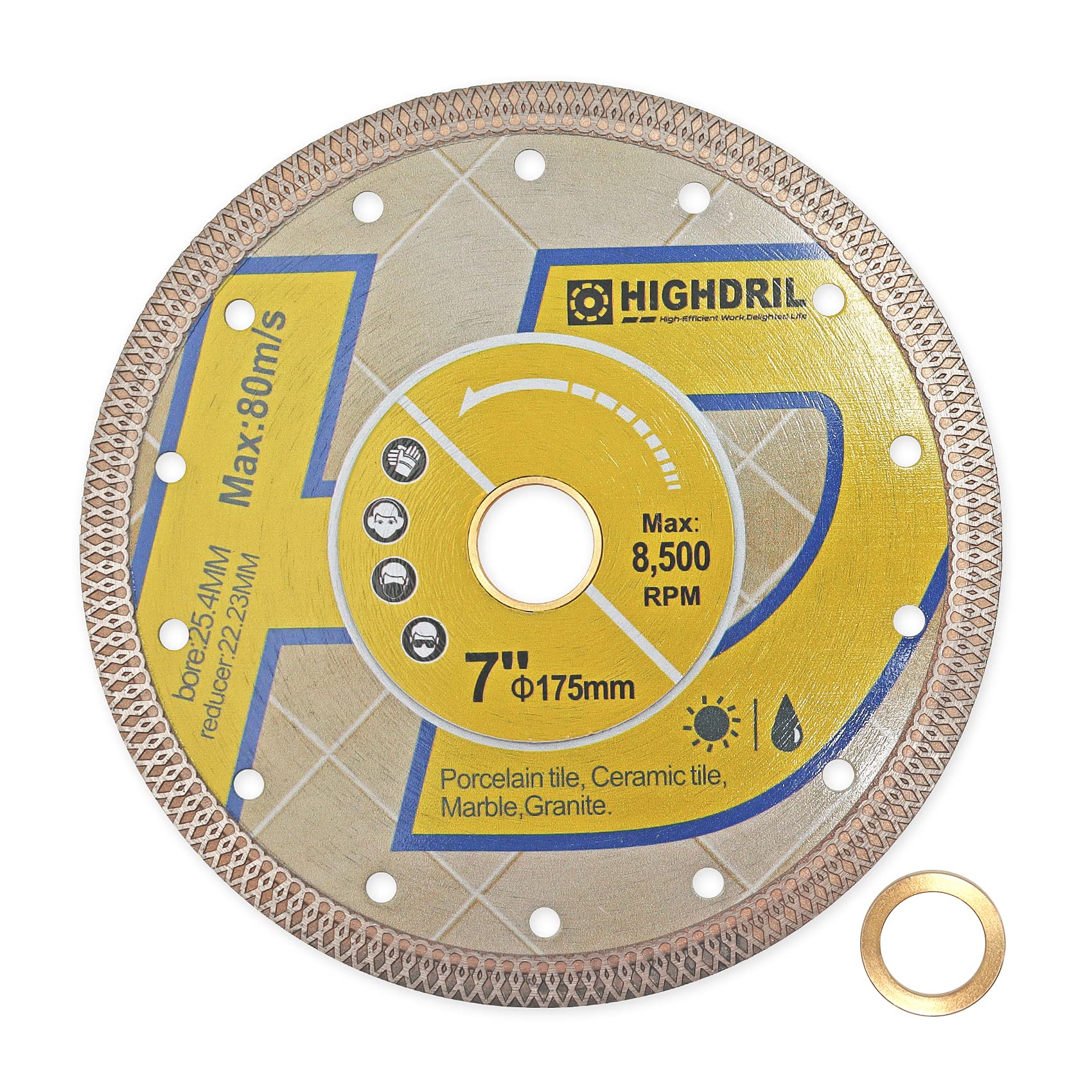 HIGHDRIL Diamond Cutting Disc - 180MM/7 Inch Diamond Tile Cutting Disc for Porcelain Tile Ceramic Granite Marble Dry or Wet Use Circular Saw Blade with Turbo X Mesh