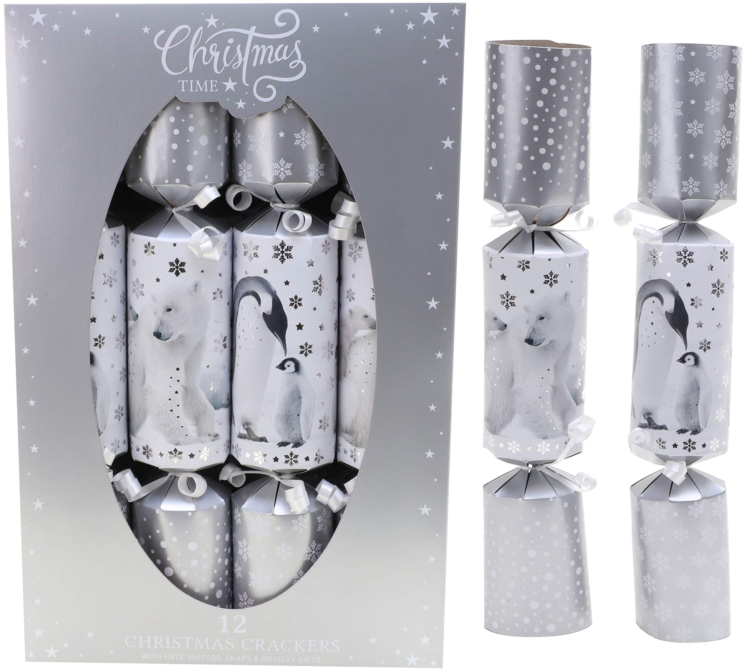 Toyland® Pack Of 12 Polar Bear & Penguin Snow Theme Christmas Crackers - Christmas Tree Decorations - Christmas Dinner Parties