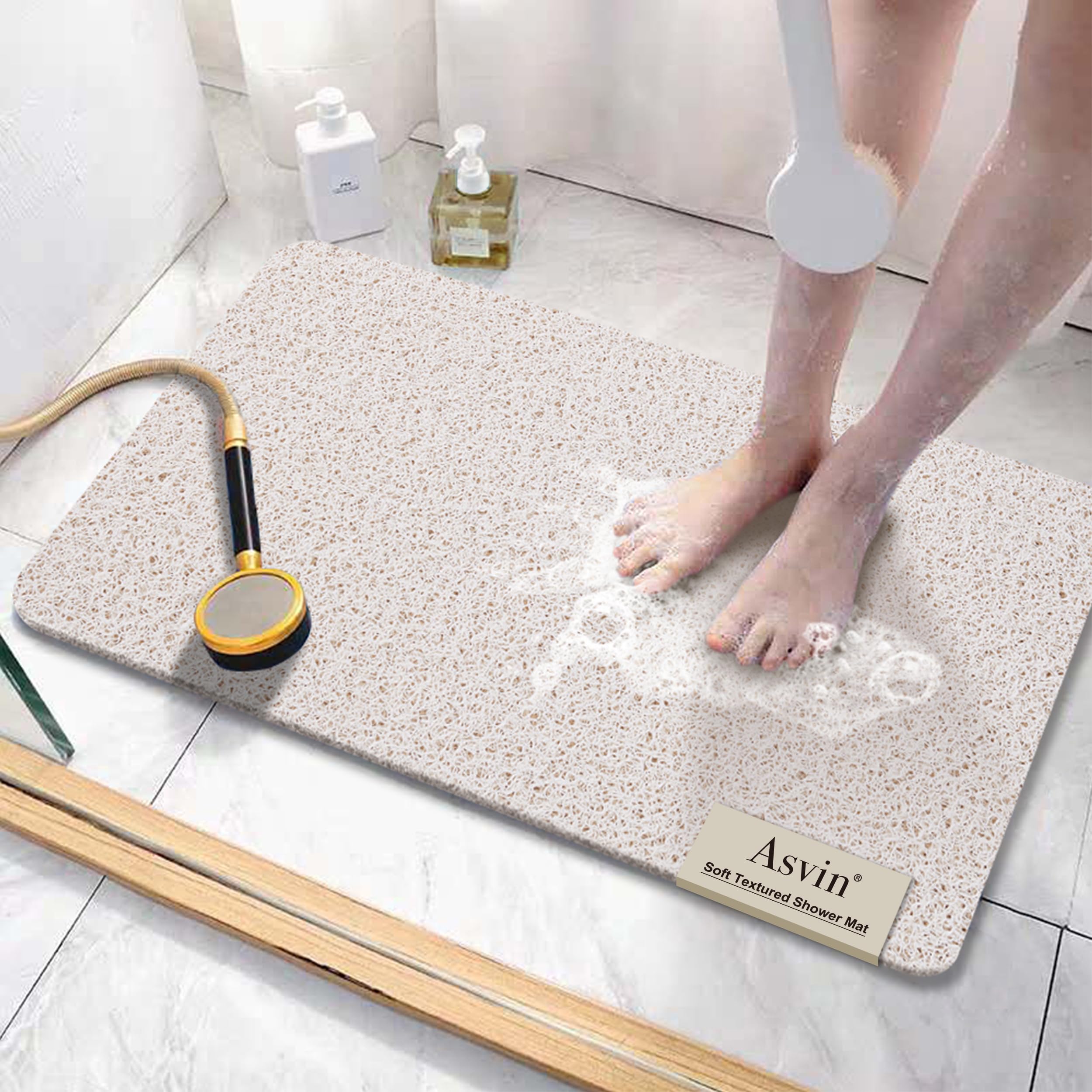Asvin Soft Textured Bath, Shower, Tub Mat, 24x32 Inch, Phthalate Free, Non Slip Comfort Bathtub Mats with Drain, PVC Loofah Bathroom Mats for Wet Areas, Quick Drying