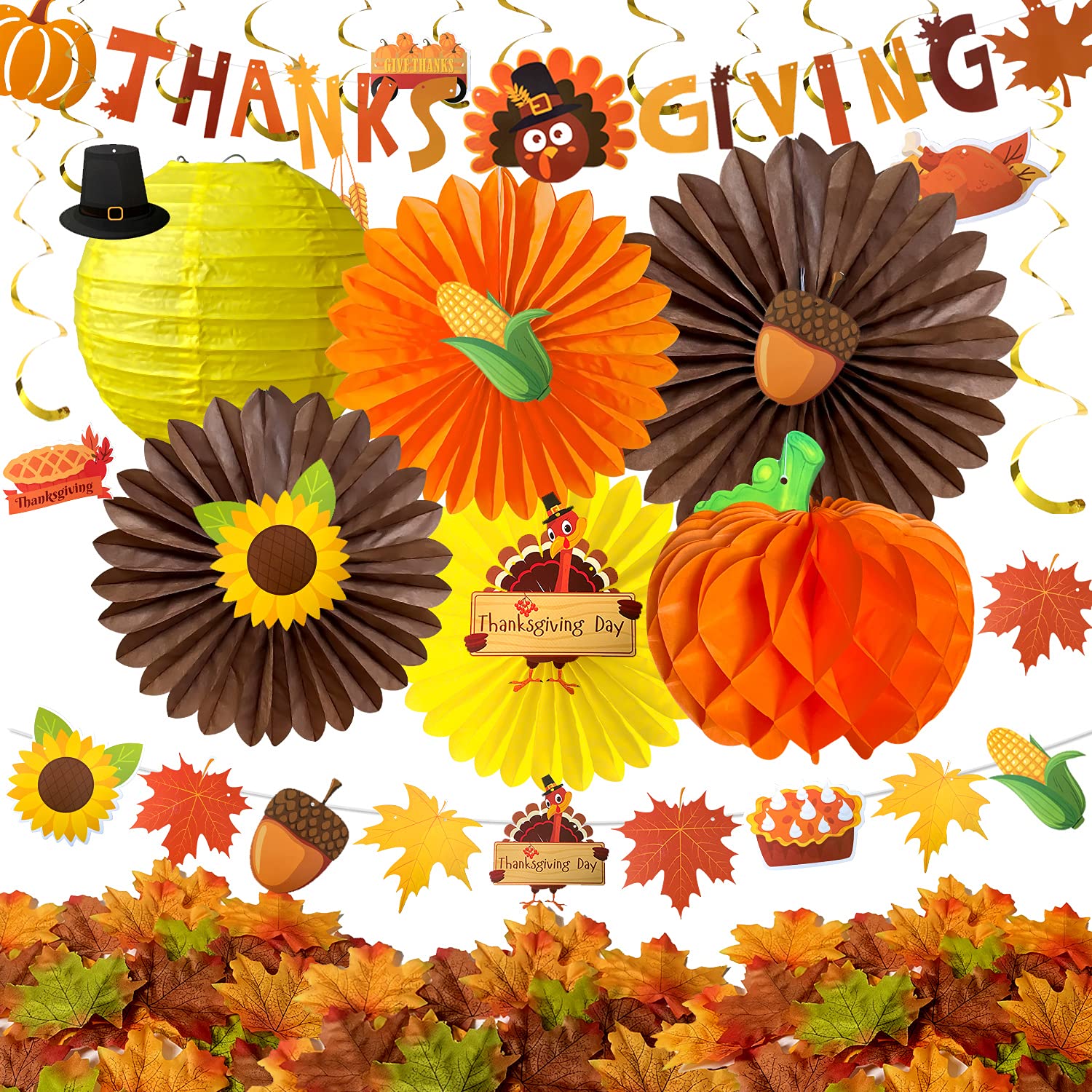 Mauts Thanksgiving Decorations Autumn Hanging Maple Leaves Pumpkins Sunflower Swirl Paper Fans paper Pompoms Lanterns Garlands Fall turkey Banner