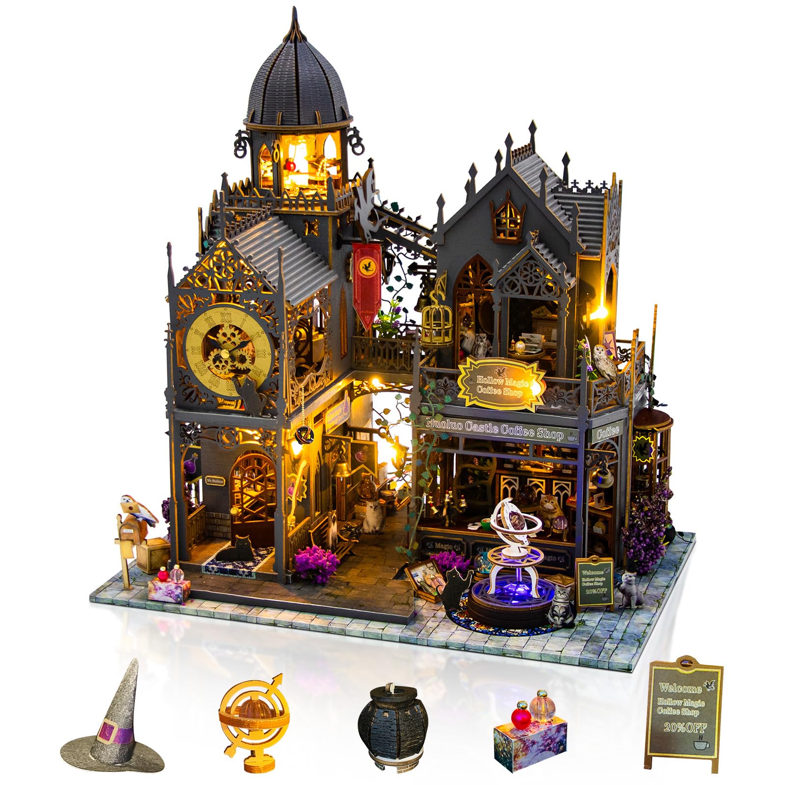 Foyucool DIY Miniature House Kits, Tiny House Kit, Doll House Kits for Adults to Building, Unique Birthday Christmas Day Gift for Friends, Magic Castle