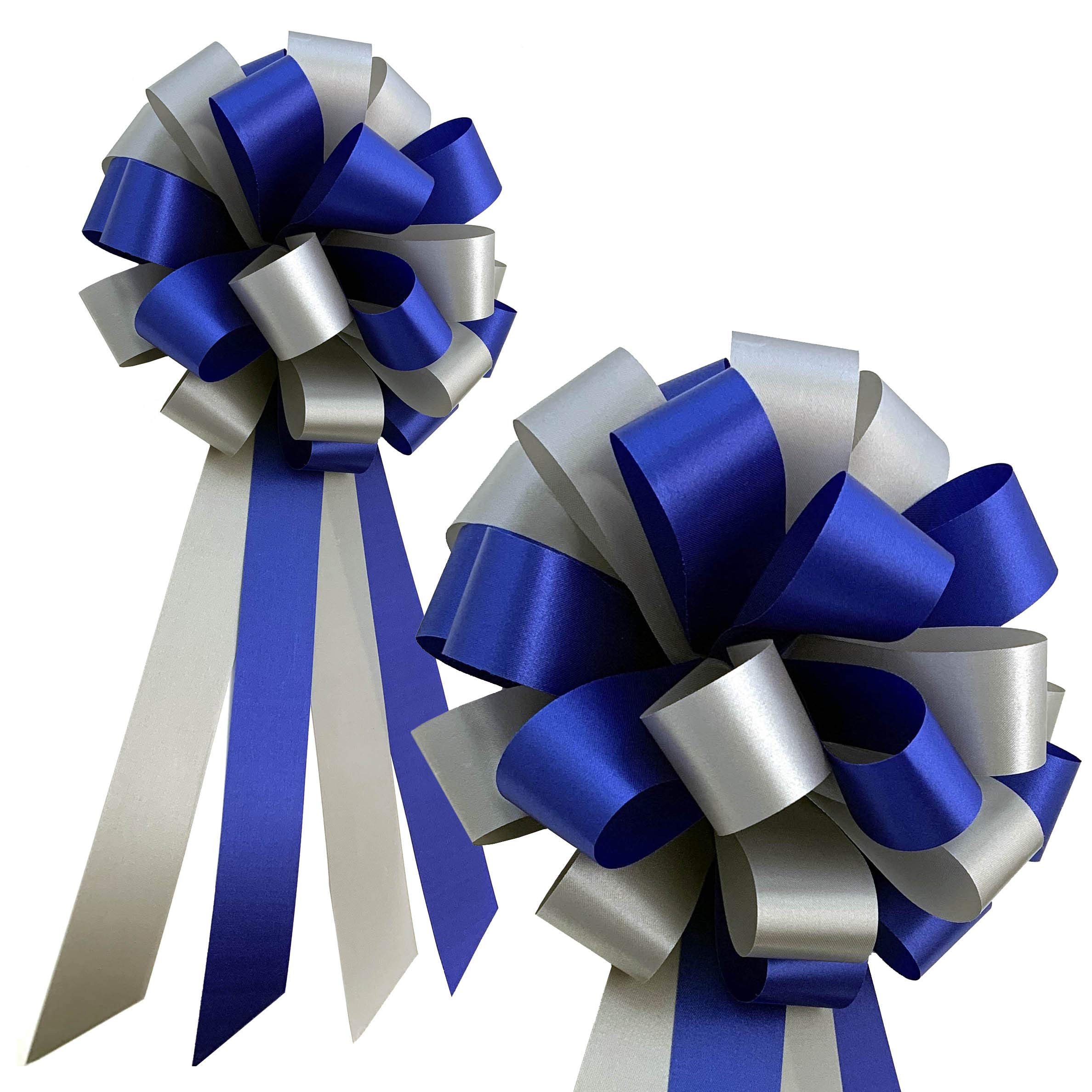 Royal Blue & Silver Pull Bows - 8" Wide, Set of 6, Wedding Pew Bows with Tails, 4th of July, Police Support, Wedding, Reception, Birthday, Gift Basket, Christmas, President's Day, Memorial Day
