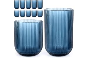 Set of 12 Ribbed Glassware, 6 Highball Glasses 15oz & 6 Rocks Drinking Glasses 9oz, Origami Style, Fluted Design, for Milk, W