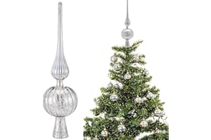 Gejoy Mercury Glass Finial Christmas Tree Topper 12 Inches Vintage Spherical Xmas Tree Topper Mid Century Christmas Ornament for Home Xmas Holiday Party Decorations(Sliver)
