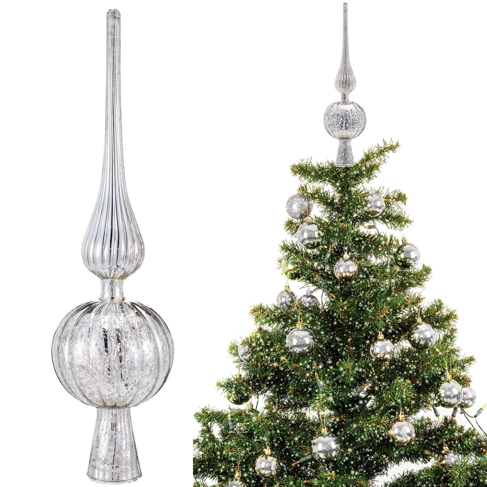 Photo 1 of Gejoy Mercury Glass Finial Christmas Tree Topper 12 Inches Vintage Spherical Xmas Tree Topper Mid Century Christmas Ornament for Home Xmas Holiday Party Decorations(Sliver)